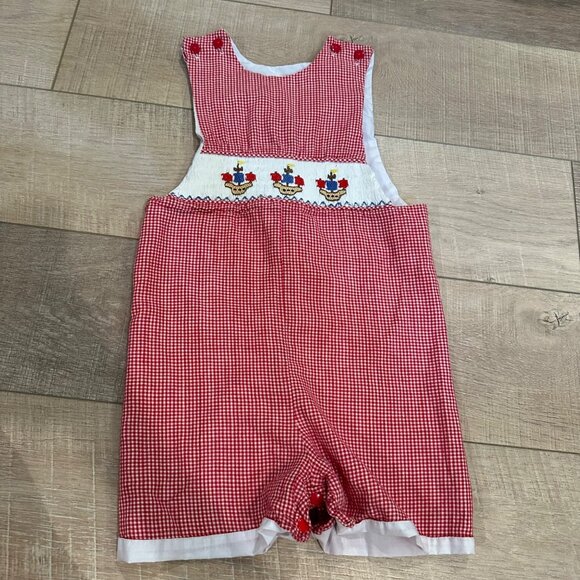 Vintage-Inspired Toddler Boys Red Gingham Checked Romper Sz 2 Hand-Smocked Ships - Picture 1 of 6